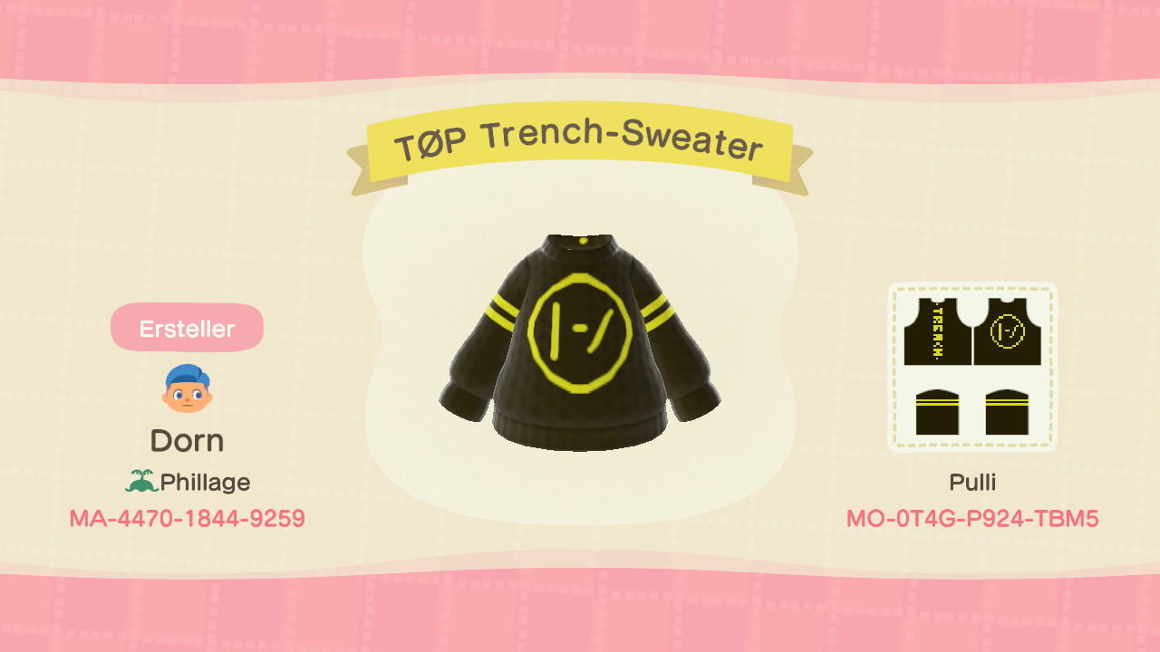 Animal Crossing Design Code: MO-0T4G-P924-TBM5 TØP Trench-Sweater