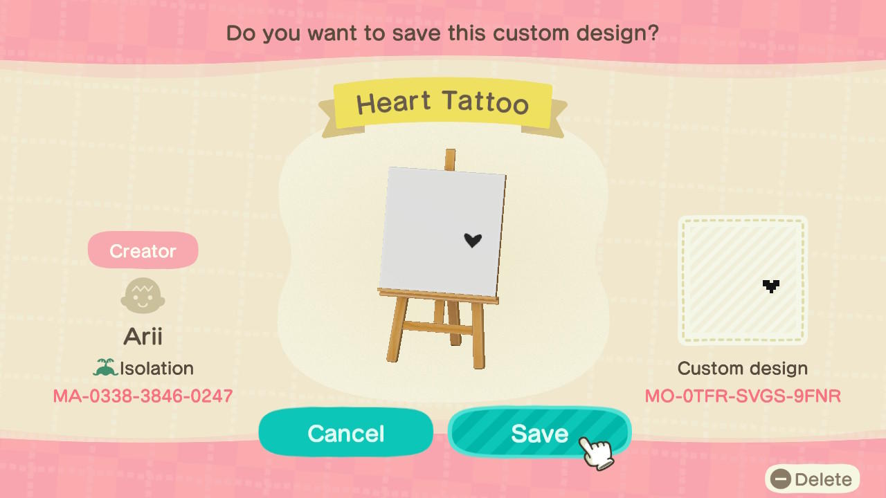 Animal Crossing Design Code: MO-0TFR-SVGS-9FNR Heart Face Tattoo