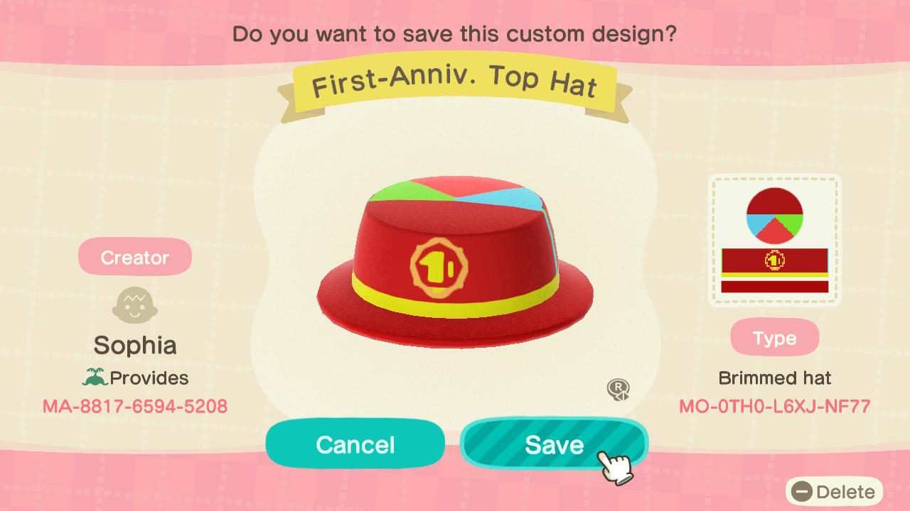 Animal Crossing Design Code: MO-0TH0-L6XJ-NF77 First-Anniv. Top Hat