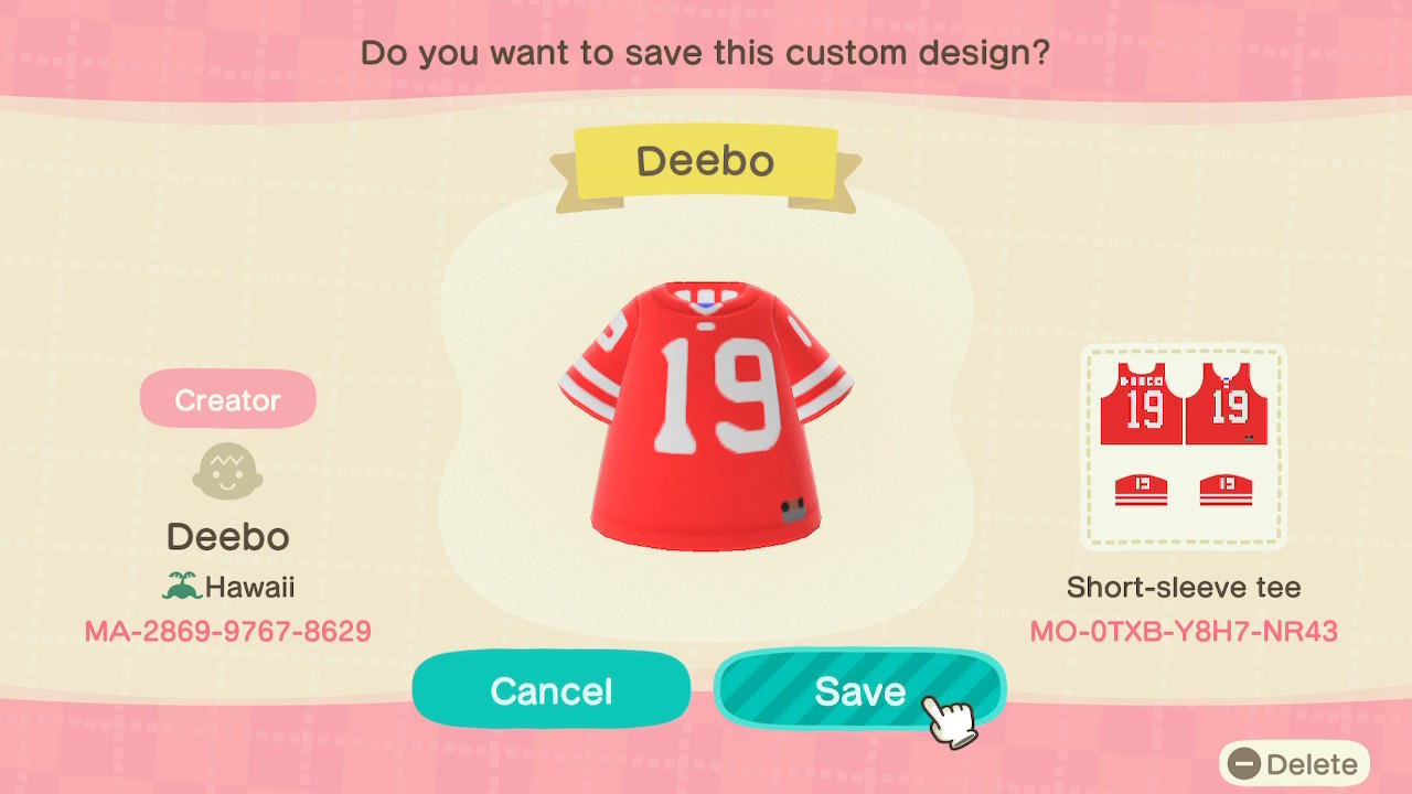 Animal Crossing Design Code: MO-0TXB-Y8H7-NR43 SF 49ers Deebo Samue