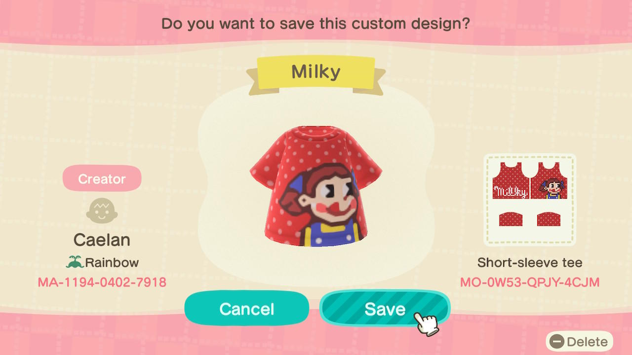 Animal Crossing Design Code: MO-0W53-QPJY-4CJM Milky