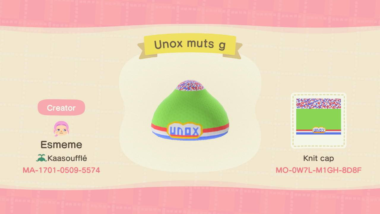 Animal Crossing Design Code: MO-0W7L-M1GH-8D8F Unox muts groen
