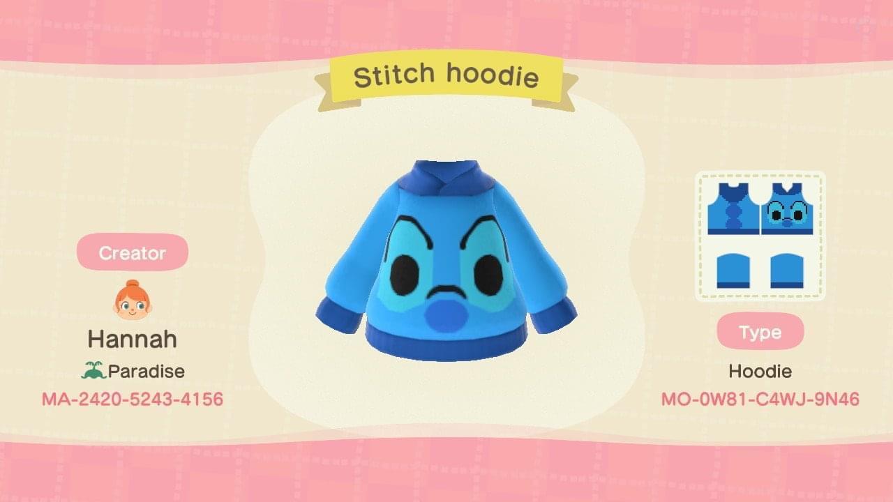 Animal Crossing Design Code: MO-0W81-C4WJ-9N46 Stitch Hoodie