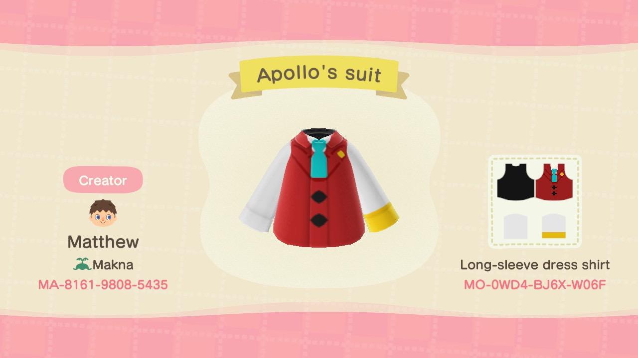 Animal Crossing Design Code: MO-0WD4-BJ6X-W06F Apollo's suit