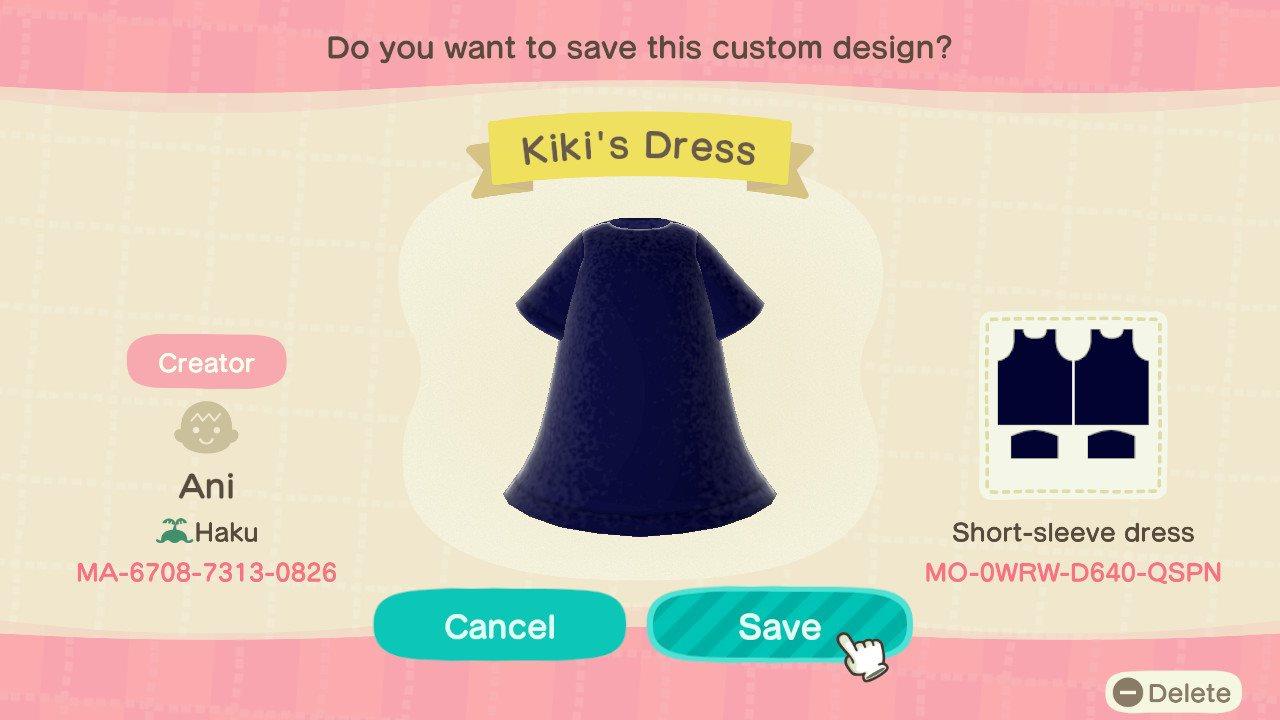 Animal Crossing Design Code: MO-0WRW-D640-QSPN Kiki&#39;s Dress