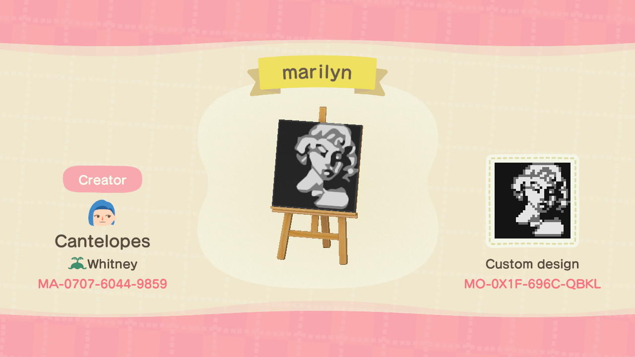 Animal Crossing Design Code: MO-0X1F-696C-QBKL marilyn