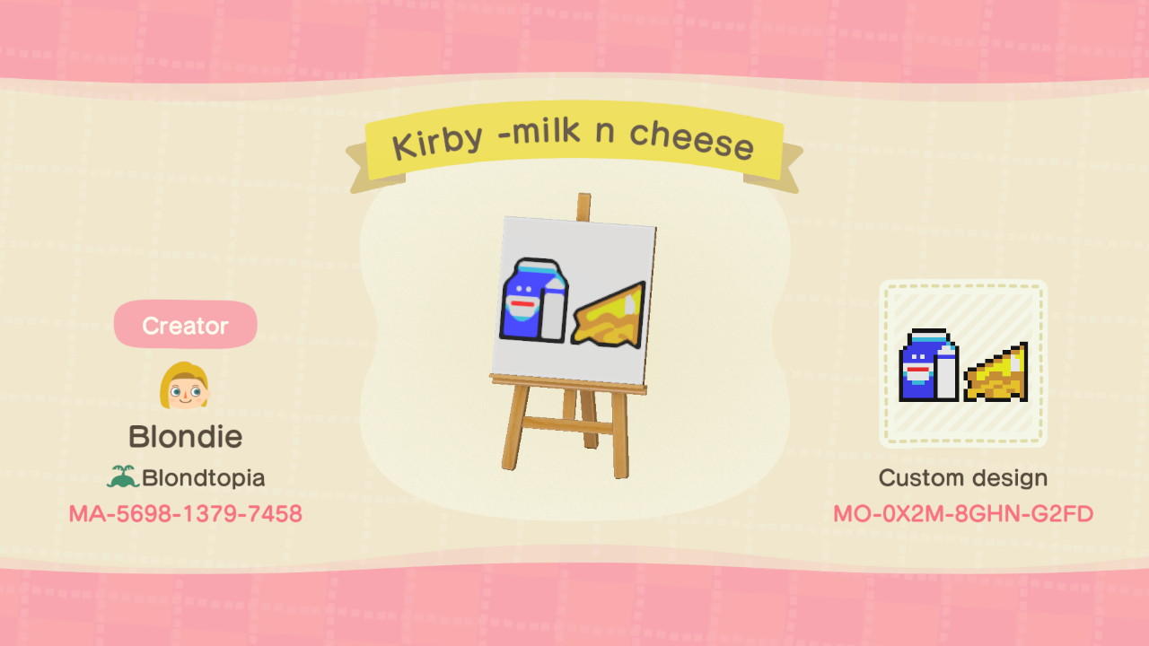 Animal Crossing Design Code: MO-0X2M-8GHN-G2FD Kirby -milk n cheese