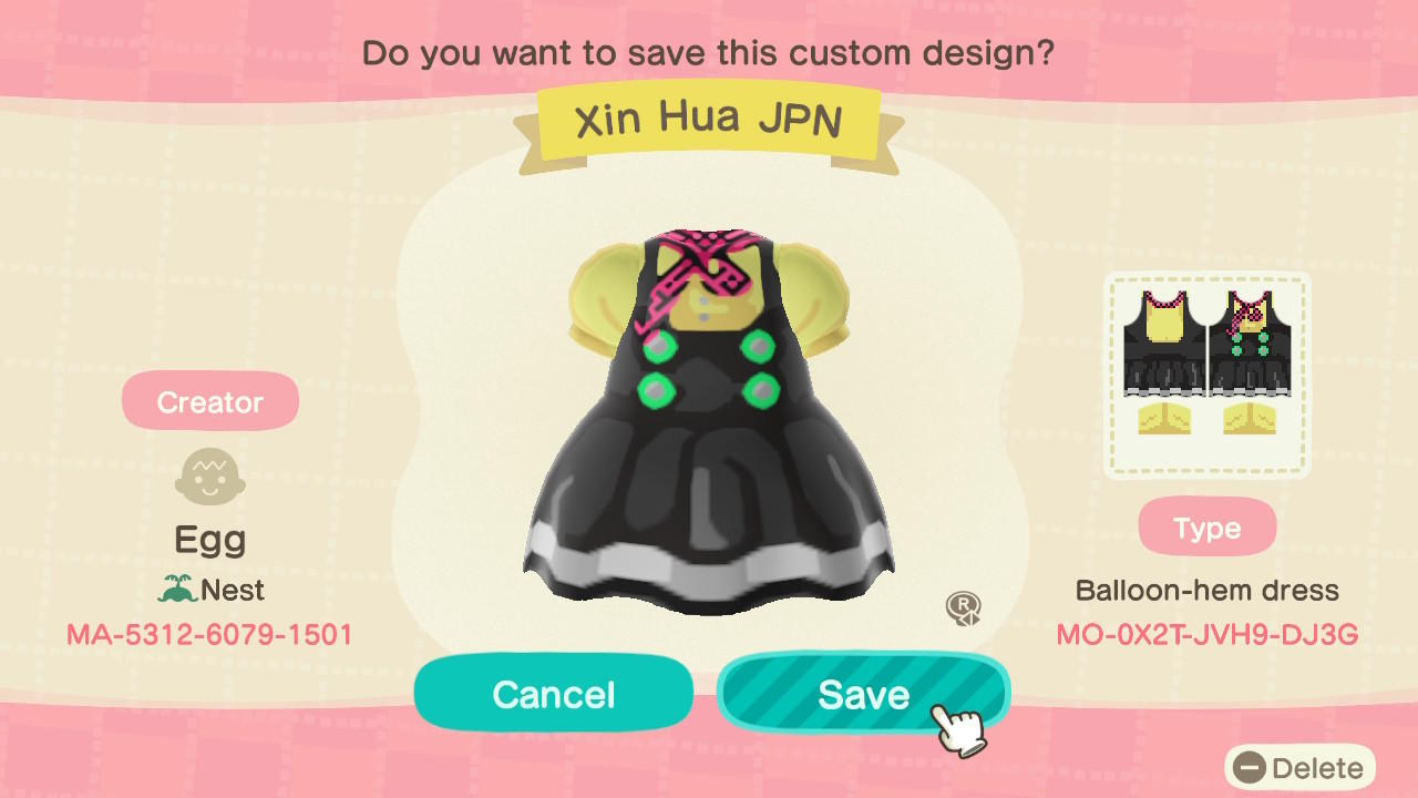 Animal Crossing Design Code: MO-0X2T-JVH9-DJ3G Xin Hua (Japanese)