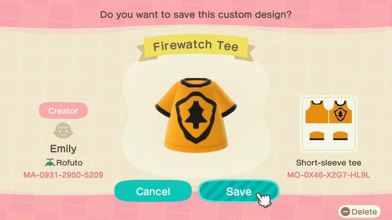Animal Crossing Design Code: MO-0X46-X2G7-HL9L Firewatch Tee