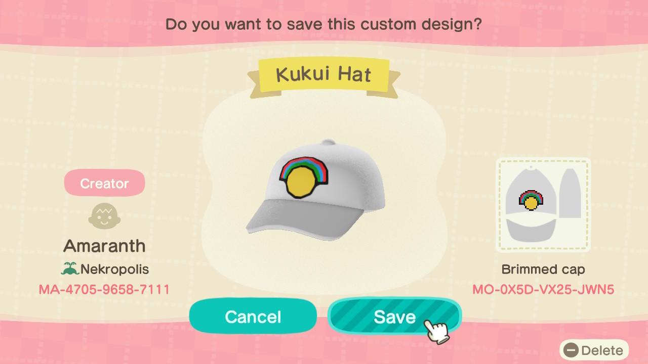 Animal Crossing Design Code: MO-0X5D-VX25-JWN5 Kukui Hat