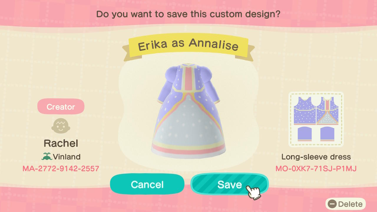 Animal Crossing Design Code: MO-0XK7-71SJ-P1MJ Erika as Annalise