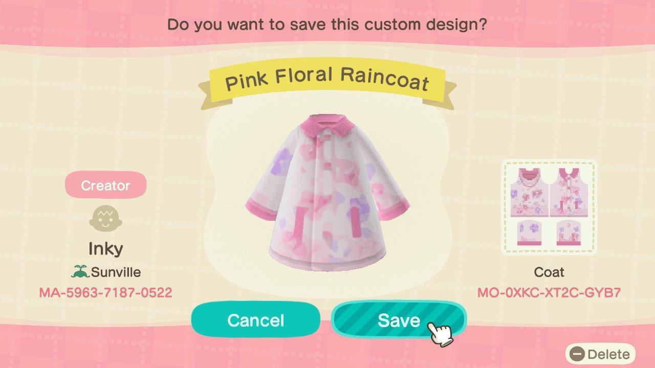 Animal Crossing Design Code: MO-0XKC-XT2C-GYB7 Pink Floral Raincoat