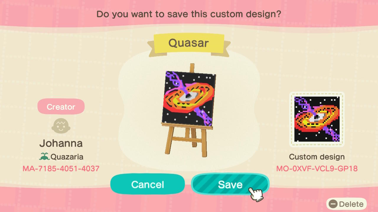 Animal Crossing Design Code: MO-0XVF-VCL9-GP18 Quasar