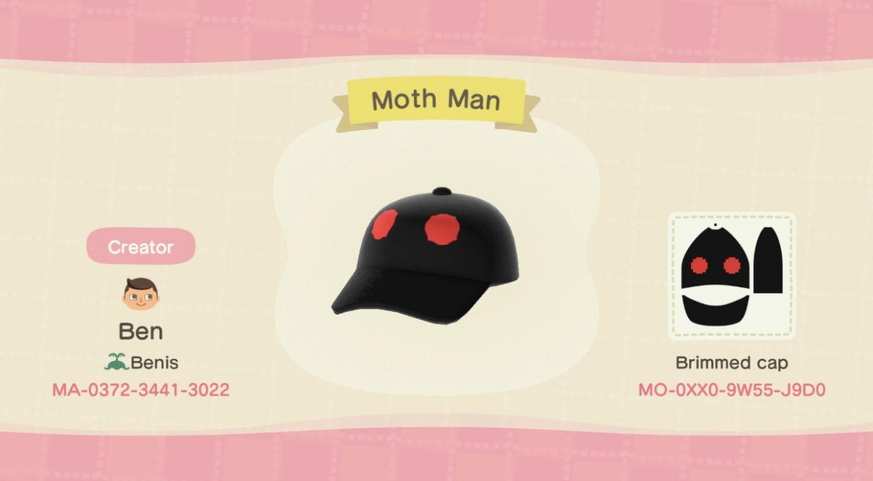 Animal Crossing Design Code: MO-0XX0-9W55-J9D0 Moth Man Hat
