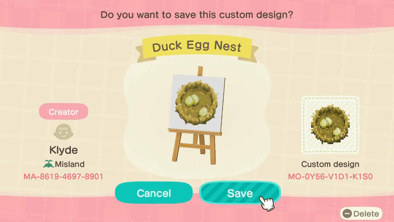 Animal Crossing Design Code: MO-0Y56-V1D1-K1S0 Duck Nest