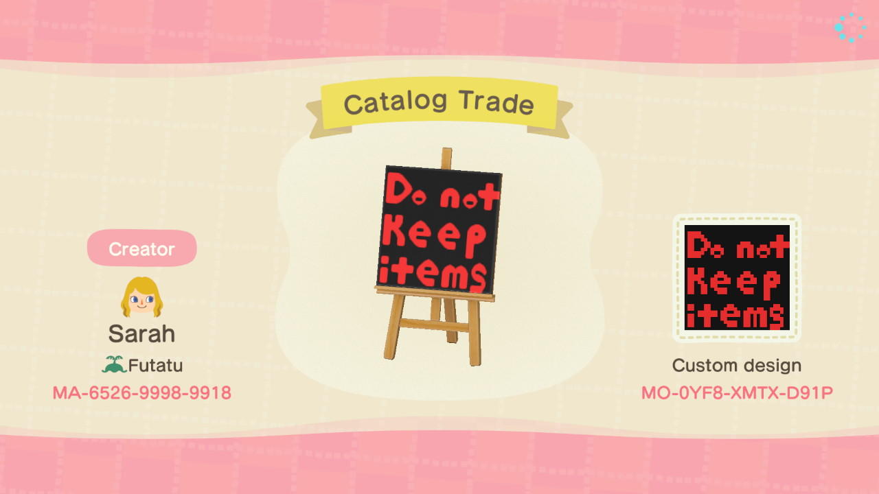 Animal Crossing Design Code: MO-0YF8-XMTX-D91P Catalog Trade
