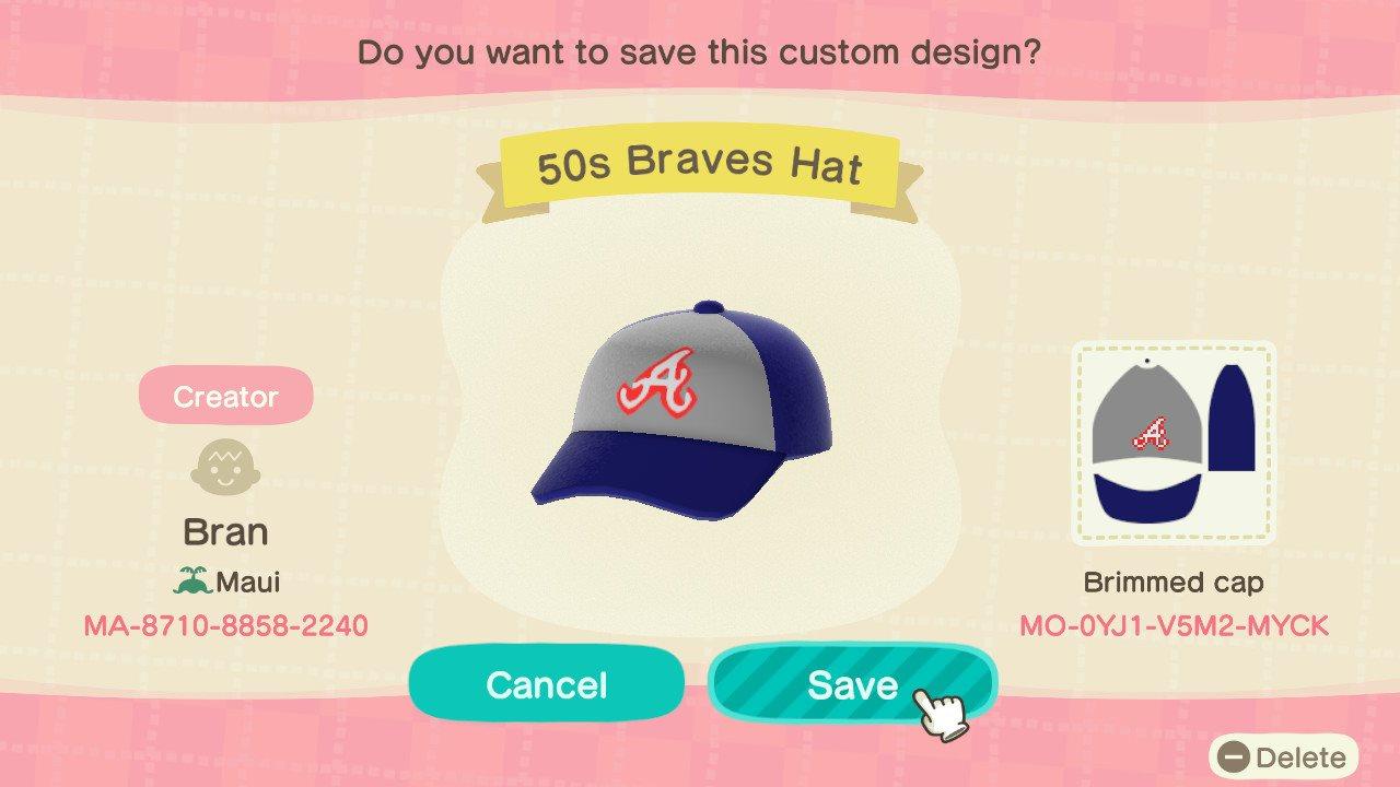 Animal Crossing Design Code: MO-0YJ1-V5M2-MYCK 50s Braves Hat