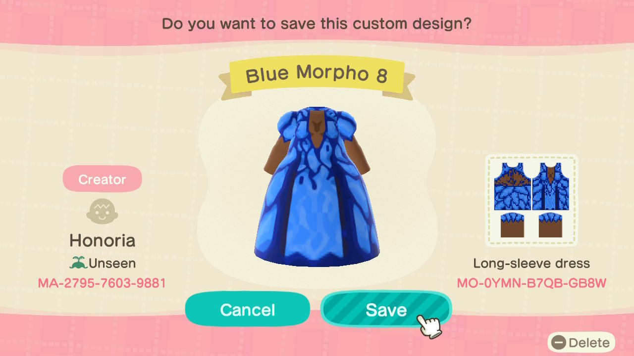 Animal Crossing Design Code: MO-0YMN-B7QB-GB8W Blue Morpho 8
