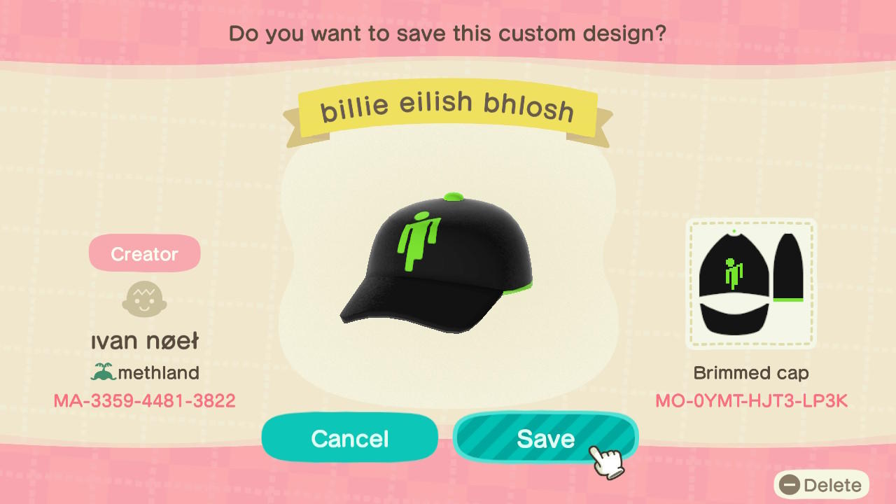 Animal Crossing Design Code: MO-0YMT-HJT3-LP3K billie eilish bhlosh