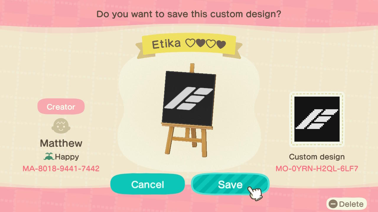 Animal Crossing Design Code: MO-0YRN-H2QL-6LF7 Etika â™¥â™¥â™¥â™¥