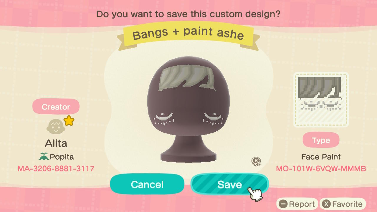 Animal Crossing Design Code: MO-101W-6VQW-MMMB Bangs + Paint Ashe