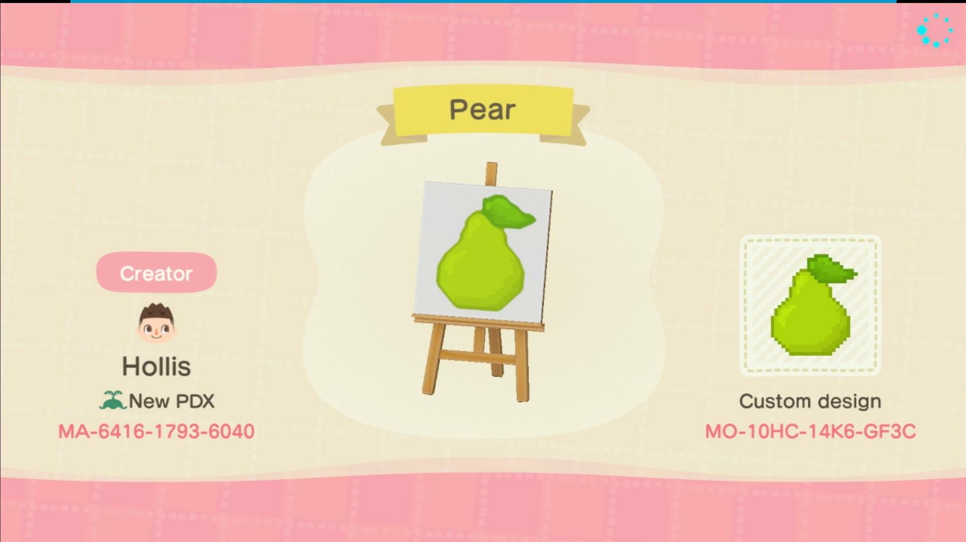 Animal Crossing Design Code: MO-10HC-14K6-GF3C Pear