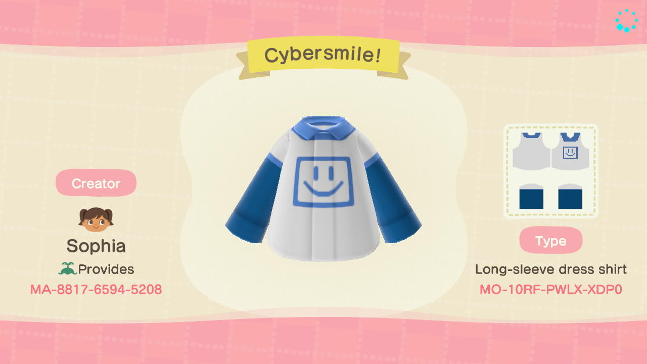 Animal Crossing Design Code: MO-10RF-PWLX-XDP0 Cybersmile!
