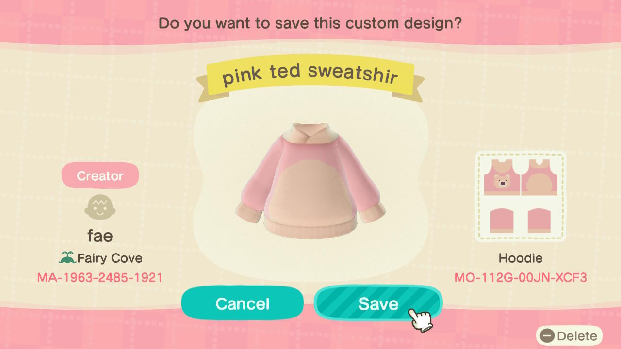 Animal Crossing Design Code: MO-112G-00JN-XCF3 Pink Ted Sweatshirt