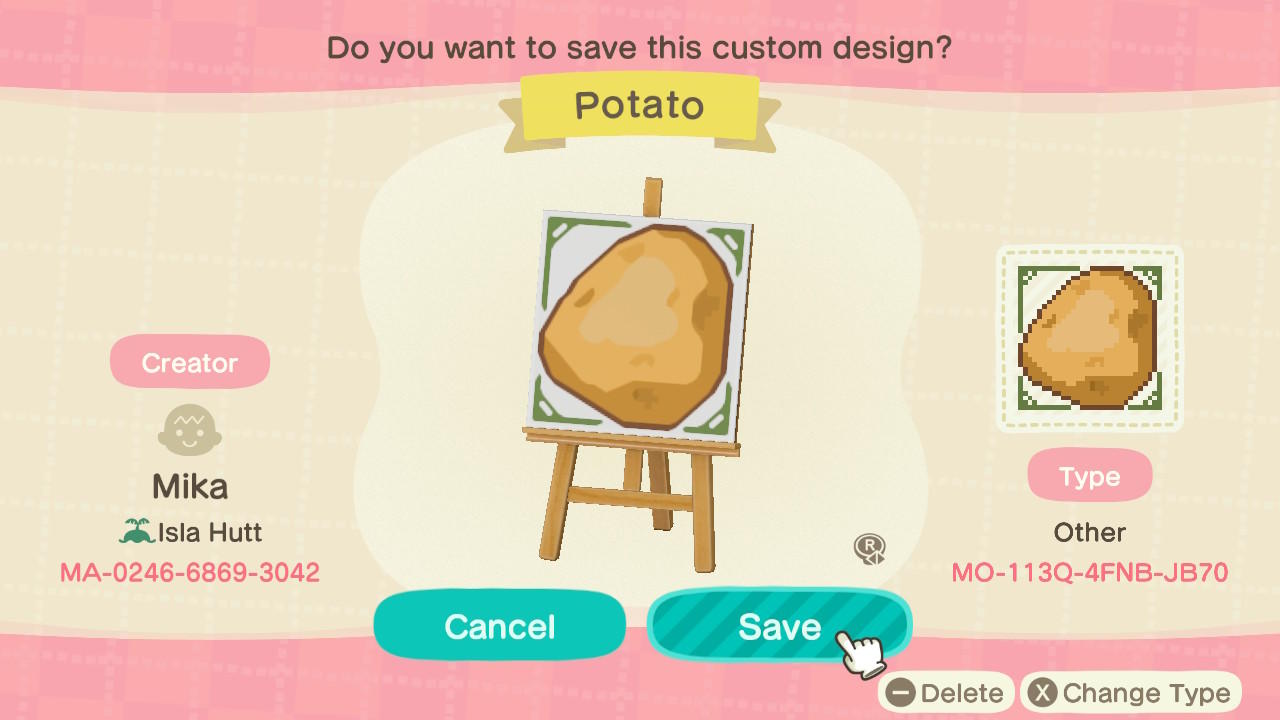 Animal Crossing Design Code: MO-113Q-4FNB-JB70 Potato Farm Sign