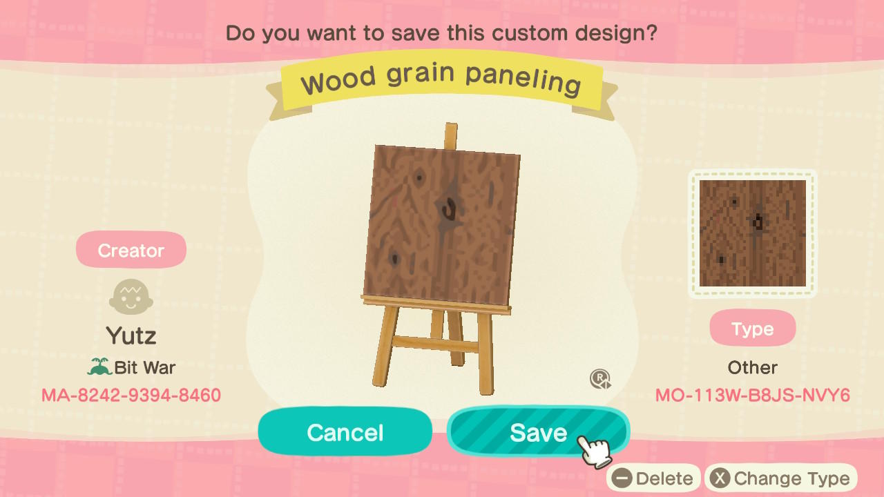 Animal Crossing Design Code: MO-113W-B8JS-NVY6 Wood grain paneling