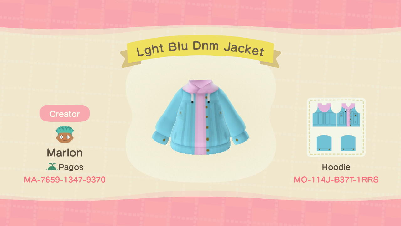 Animal Crossing Design Code: MO-114J-B37T-1RRS Lght Blu Dnm Jacket