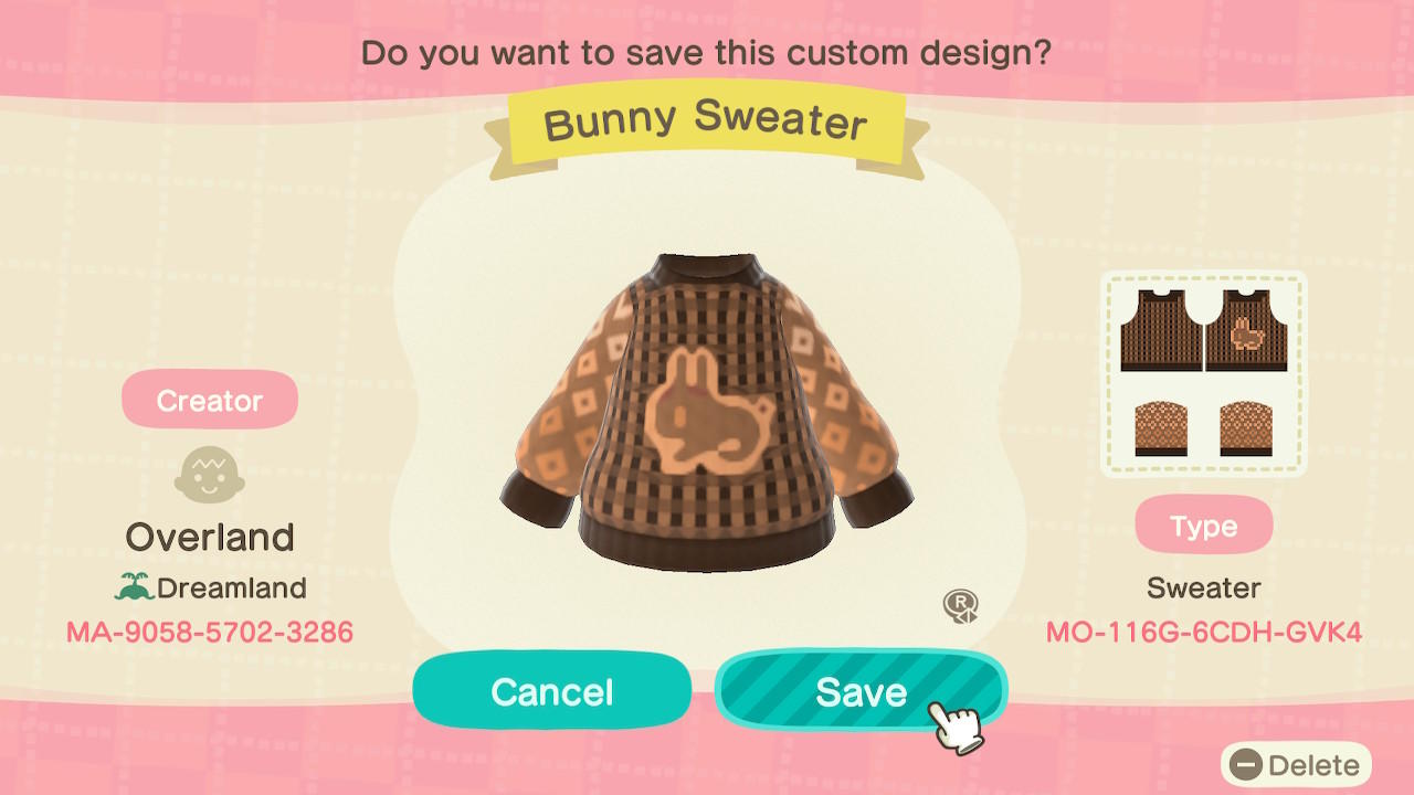 Animal Crossing Design Code: MO-116G-6CDH-GVK4 Bunny sweater