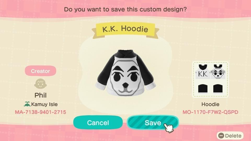 Animal Crossing Design Code: MO-1170-F7W2-QSPD K.K. Hoodie