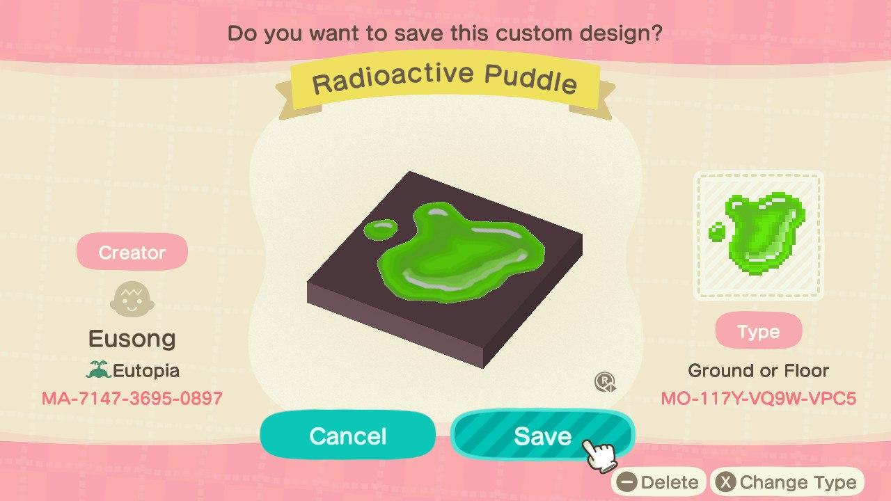 Animal Crossing Design Code: MO-117Y-VQ9W-VPC5 Radioactive Puddle