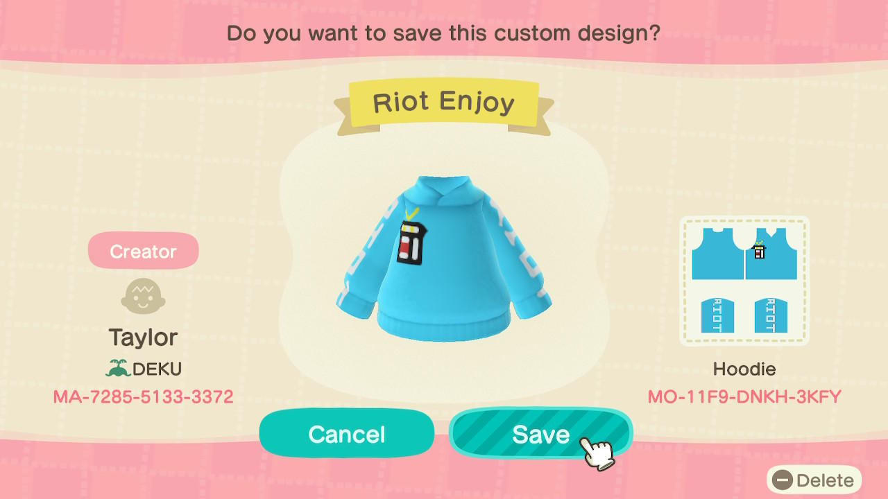 Animal Crossing Design Code: MO-11F9-DNKH-3KFY Riot Society Enjoy