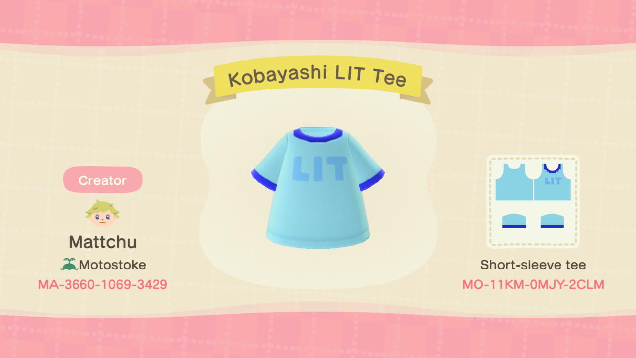 Animal Crossing Design Code: MO-11KM-0MJY-2CLM Kobayashi LIT Ter