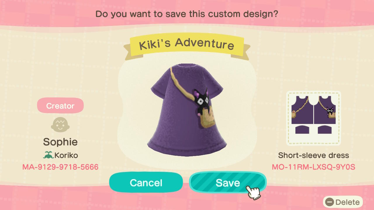 Animal Crossing Design Code: MO-11RM-LXSQ-9Y0S Kiki&#39;s Adventure