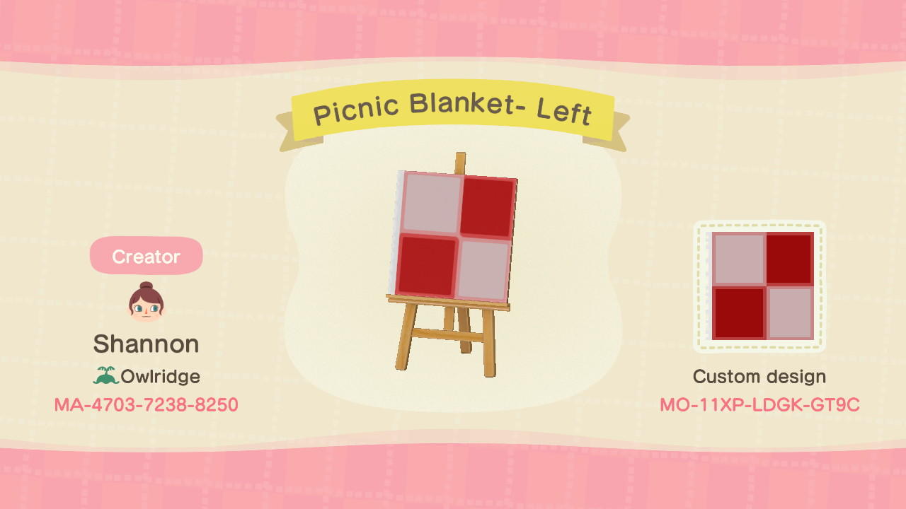 Animal Crossing Design Code: MO-11XP-LDGK-GT9C Picnic Blanket- Left