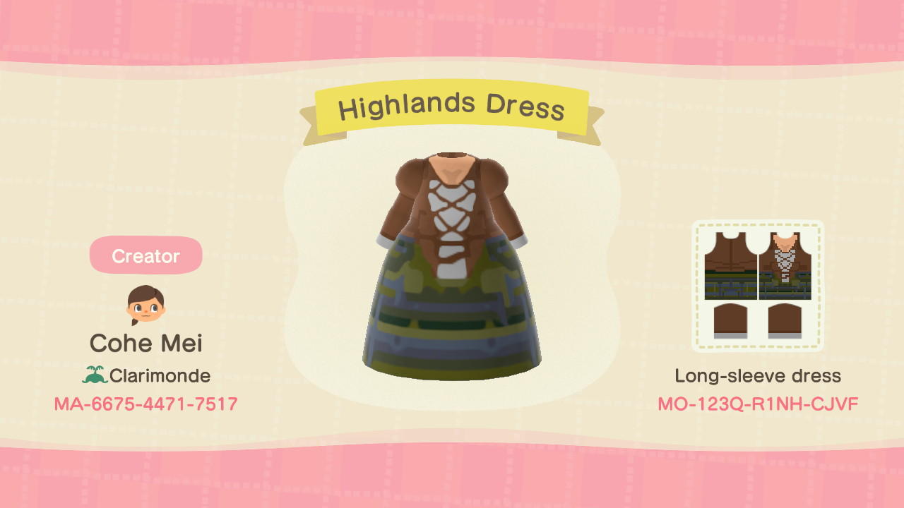 Animal Crossing Design Code: MO-123Q-R1NH-CJVF Highlands Dress