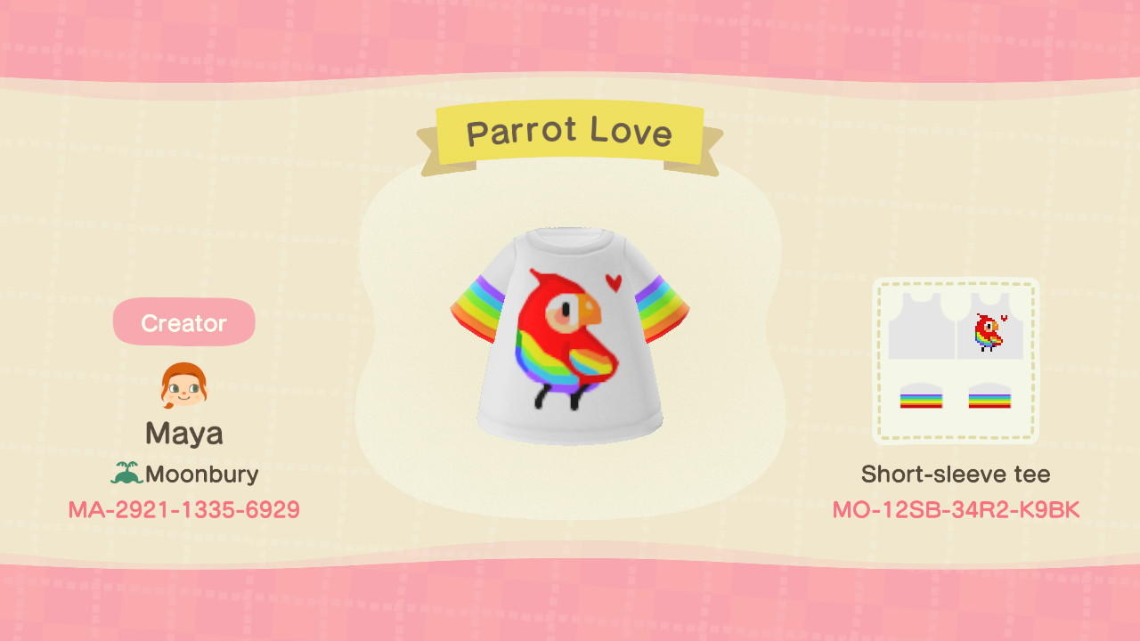 Animal Crossing Design Code: MO-12SB-34R2-K9KB Parrot Love