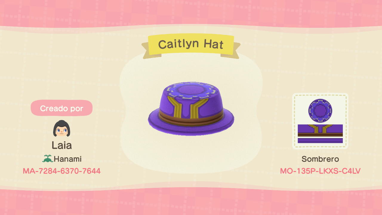 Animal Crossing Design Code: MO-135P-LKXS-C4LV Caitlyn Hat