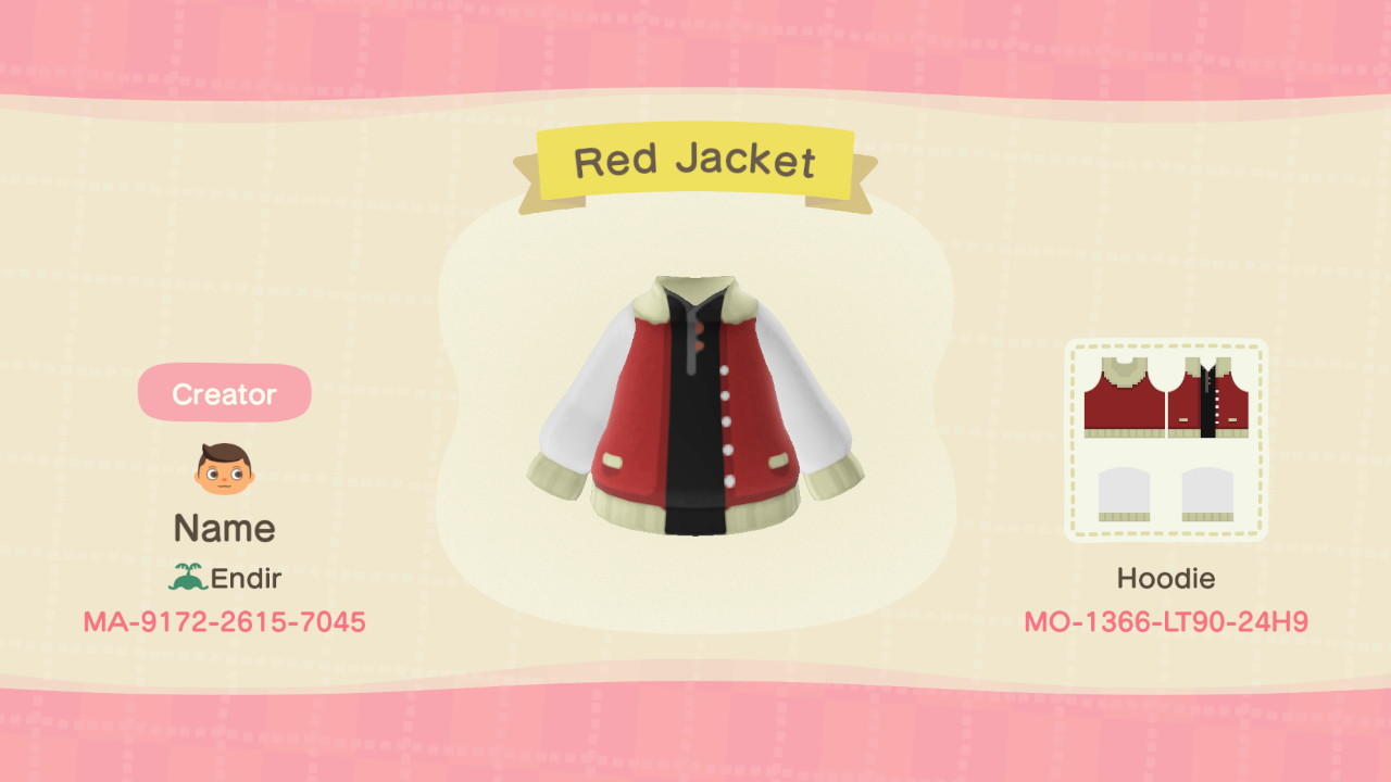 Animal Crossing Design Code: MO-1366-LT90-24H9 Red Jacket w/ Hood