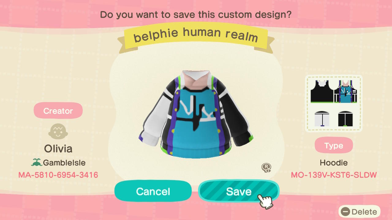 Animal Crossing Design Code: MO-139V-KST6-SLDW Belphie human realm