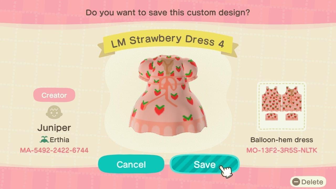 Animal Crossing Design Code: MO-13F2-3R5S-NLTK LM Strawberry Dress