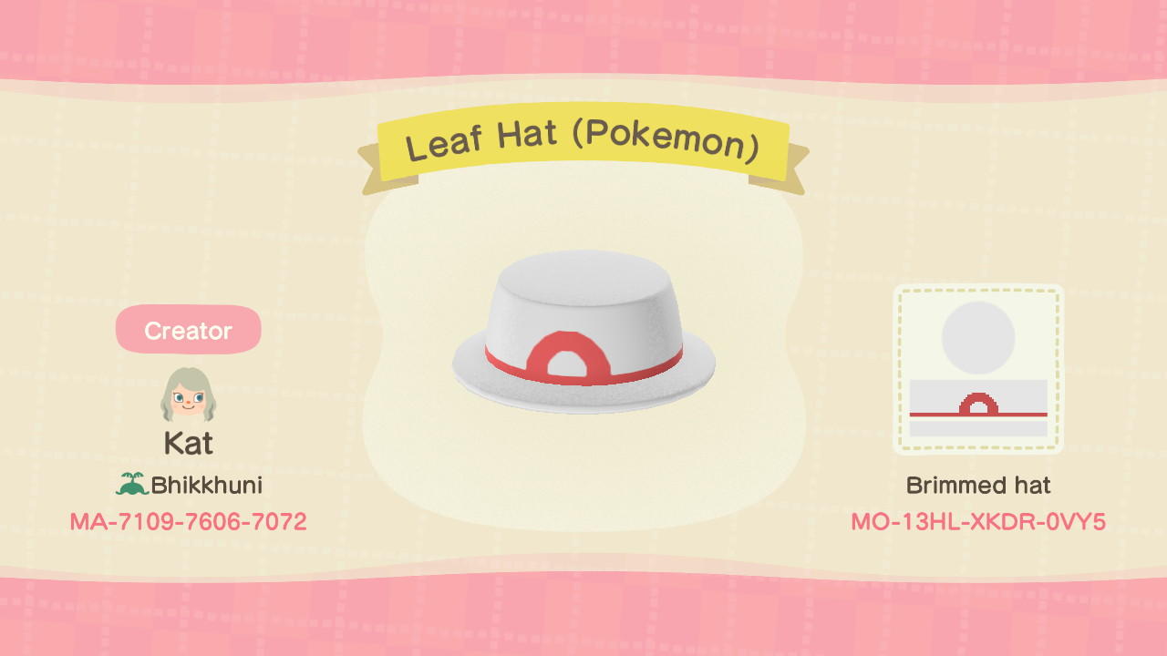 Animal Crossing Design Code: MO-13HL-XKDR-0VY5 Leaf Hat (Pokemon)