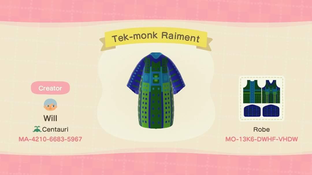 Animal Crossing Design Code: MO-13K6-DWHF-VHDW Tek-monk Raiment