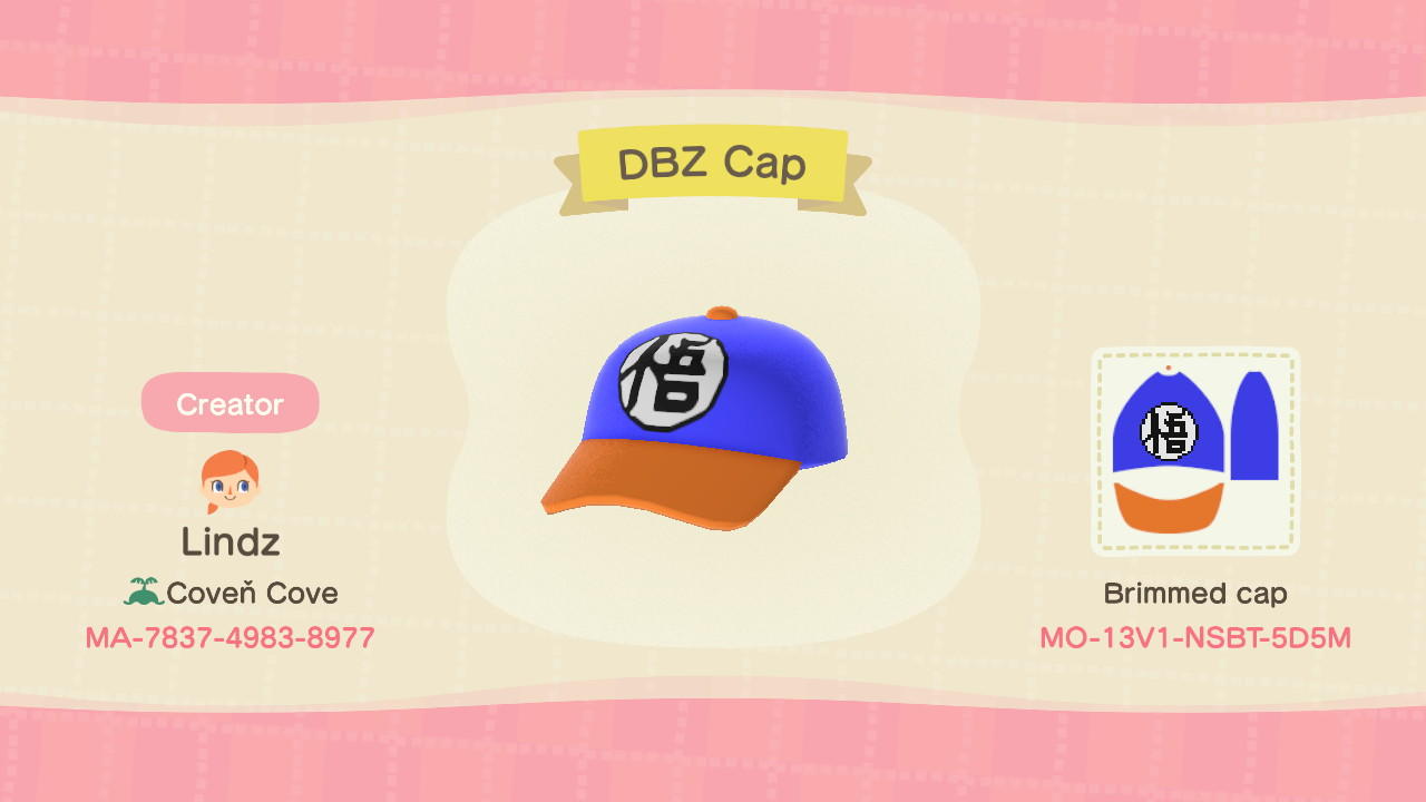 Animal Crossing Design Code: MO-13V1-NSBT-5D5M DBZ Cap