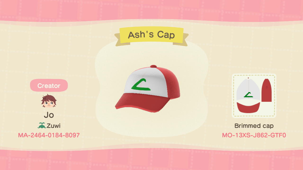 Animal Crossing Design Code: MO-13XS-J862-GTF0 Ash&#39;s Cap
