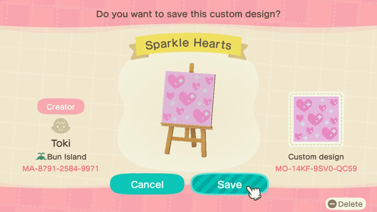 Animal Crossing Design Code: MO-14KF-9SV0-QC59 Sparkle Hearts