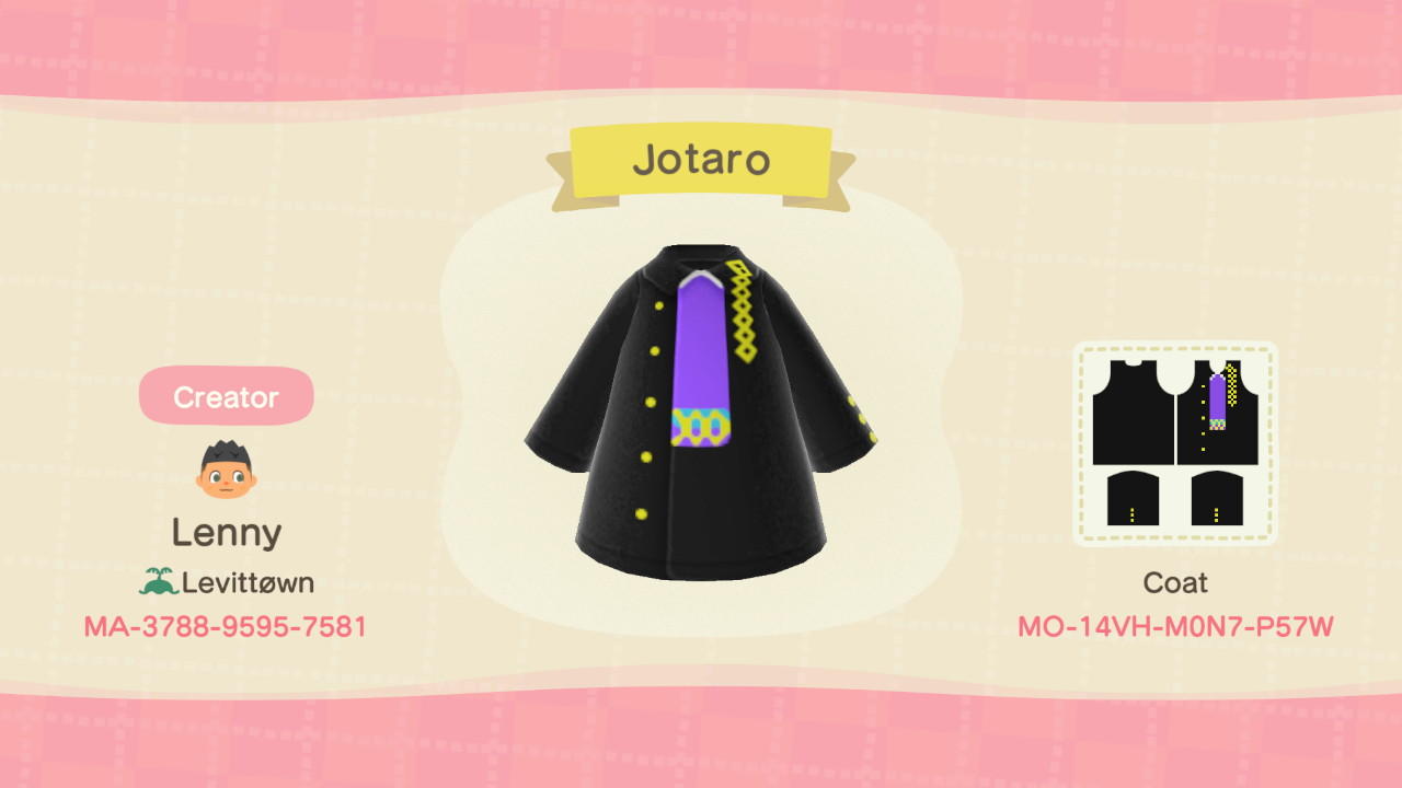 Animal Crossing Design Code: MO-14VH-M0N7-P57W Jotaro Coat